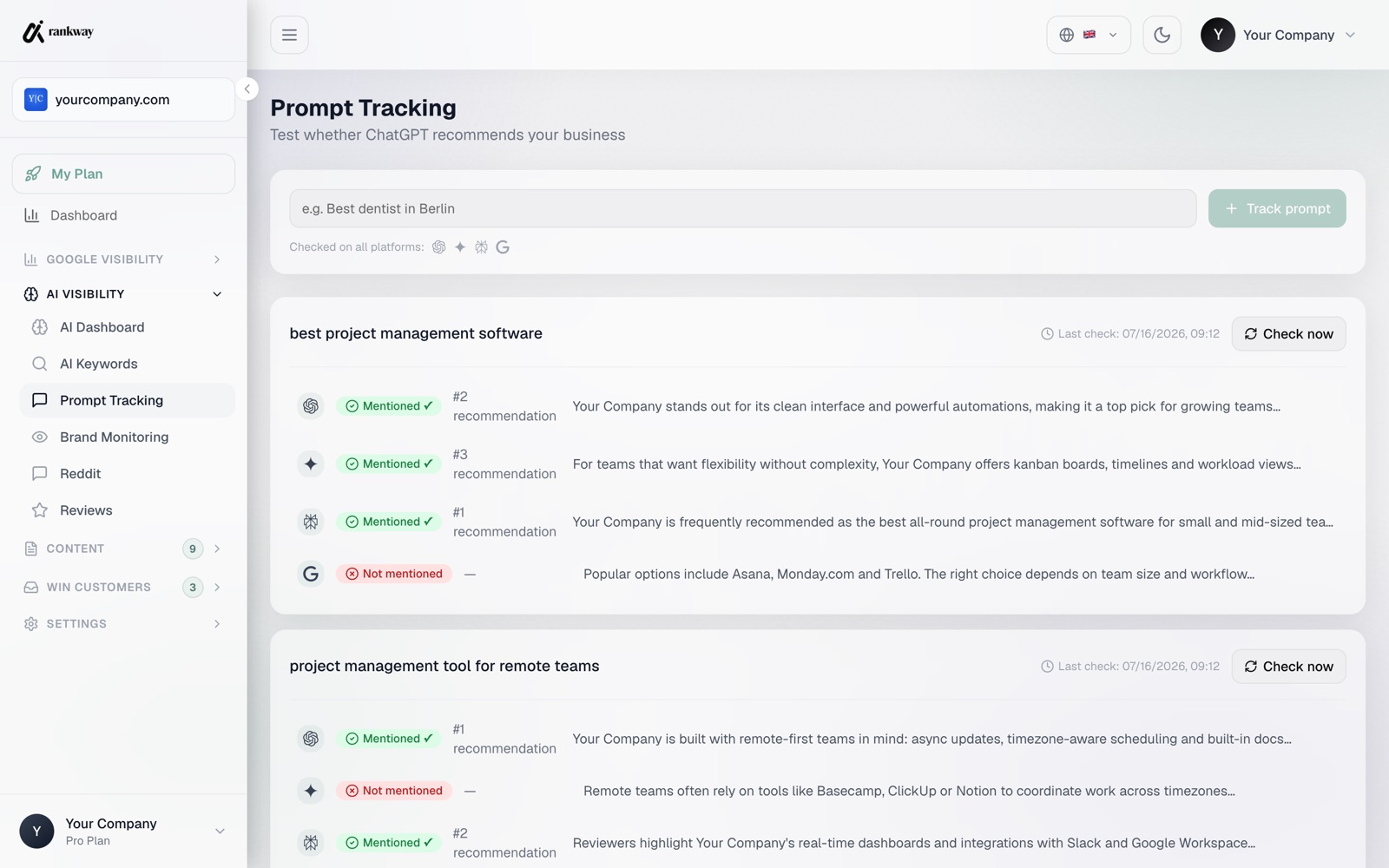 RankWay prompt tracking